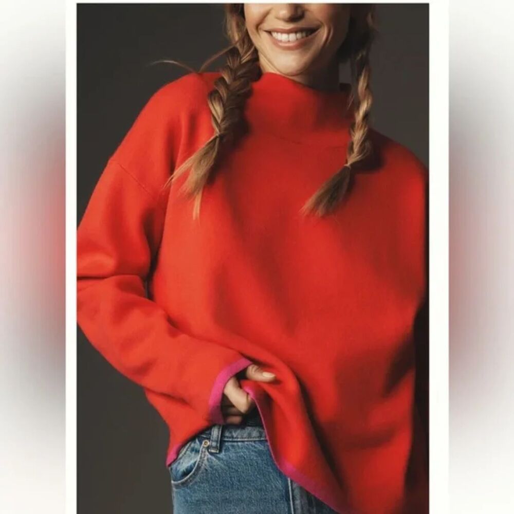 Orange and Pink Anthropologie Maeve Color Block Mock Neck Pullover Sweater (NWT)